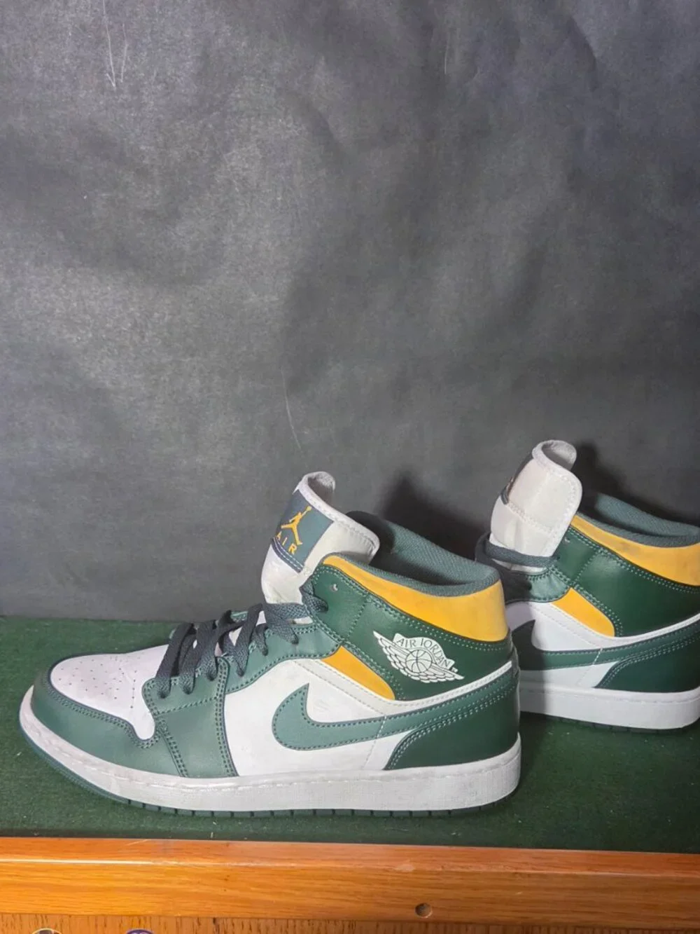 Air Jordan 1 Mid Green Gold White Sneakers